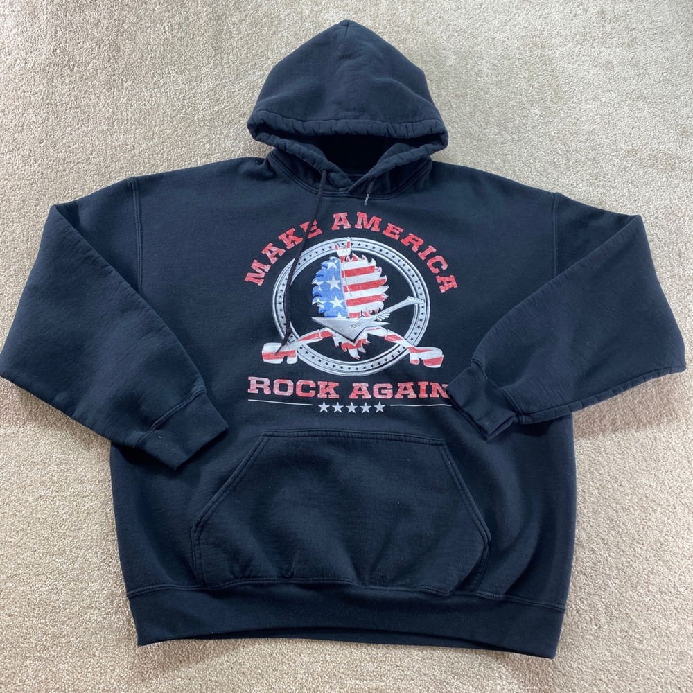 Gildan Sweater Mens XL Black Make America Rock Again Hoodie USA Flag Guitar